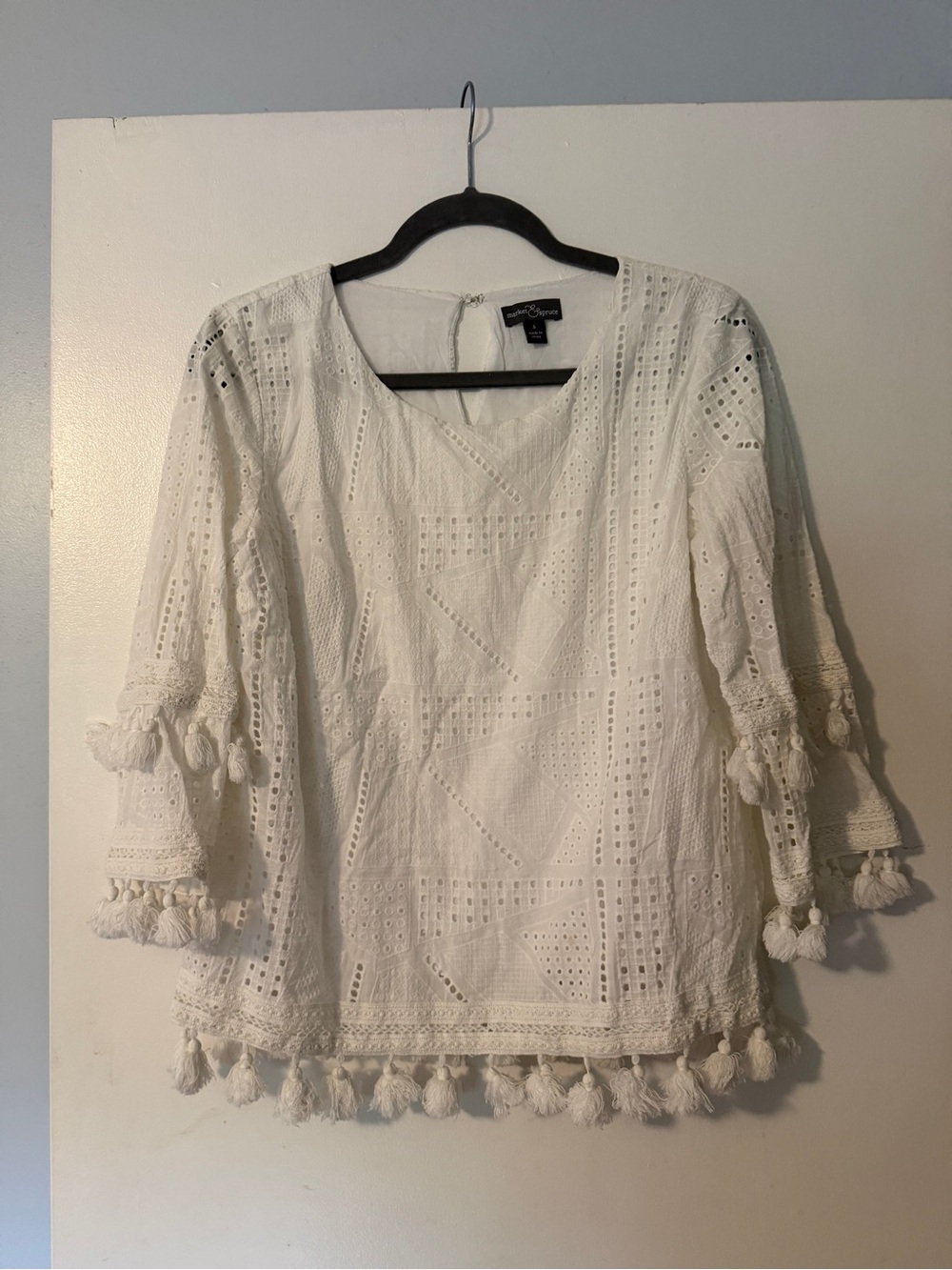 Market & Spruce White Eyelet Tassel Trim Blouse, Size S